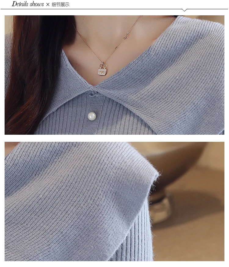 элегантный отложной воротник Синяя Женская одежда Женские свитера весна 2019