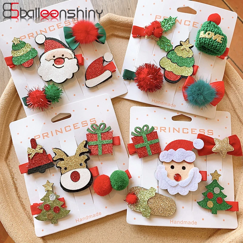 

Balleenshiny 5PCS/Lot Christmas Headdress Cartoon Hairpin Cute BB Clip Side Bangs Clip Elk Santa Claus Ball Bow Kids Hairpin