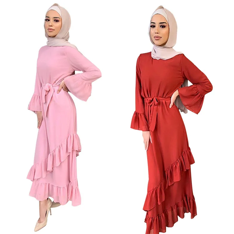 Мусульманское платье для женщин, Дубай, абайя с оборками, модная повседневная женская одежда с длинным рукавом, марокканский кафтан, длинны...