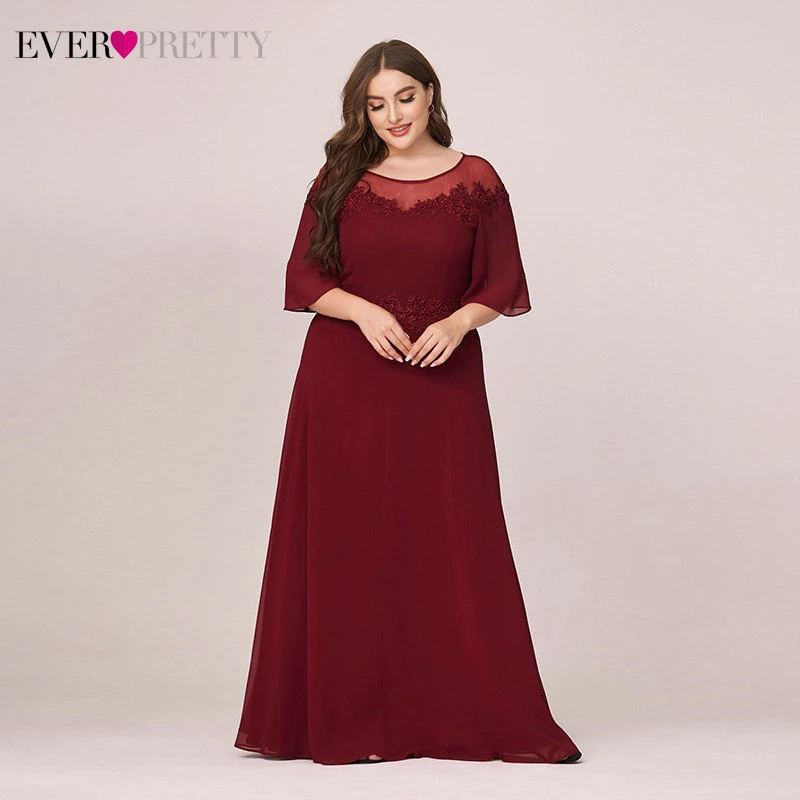 

Plus Size Burgundy Mother Of The Bride Dresses Ever Pretty EP00473BD A-Line Appliques O-Neck Chiffon Party Gowns Vestidos 2020