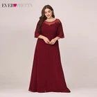 Размера плюс Бордовое платье для матери невесты Ever Pretty EP00473BD, шифоновое вечервечерние платье трапециевидной формы с круглым вырезом и аппликацией, 2020