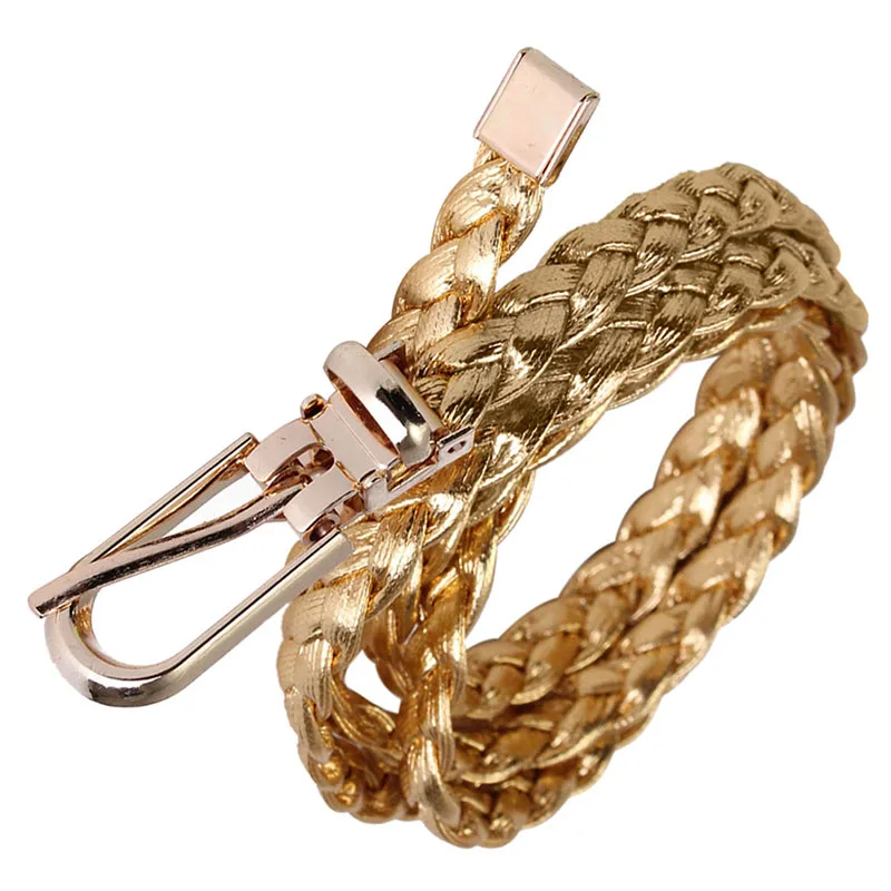 

Women Simple Braided PU Leather Narrow Thin Buckle Strap Waist Belt Waistband Colors: Gold