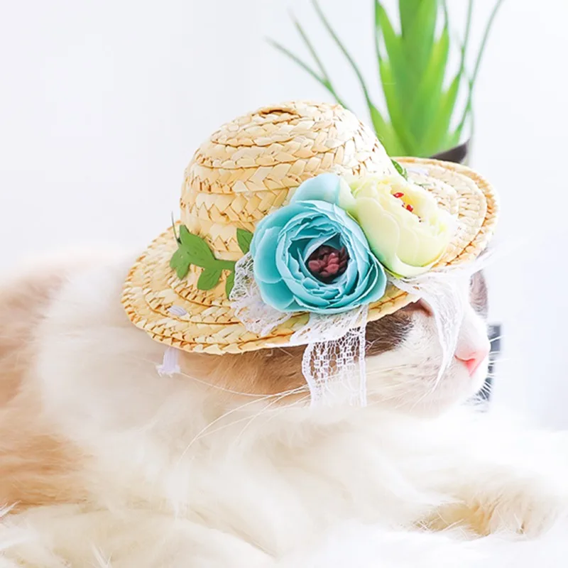

New Flower Hat Cat Dog Spring and Summer Sun Shade Straw Hat Pet Clothes Puppy Accessories Small Dog Hat Hats for Cats