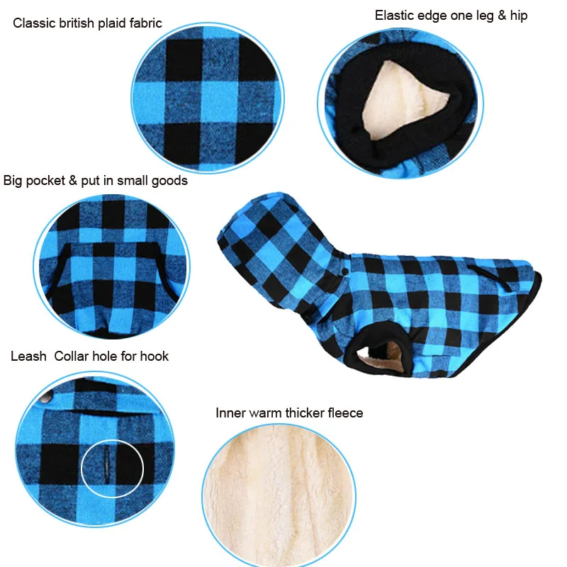 Зимняя флисовая одежда для собак с капюшоном куртка клетчатая ткань пальто