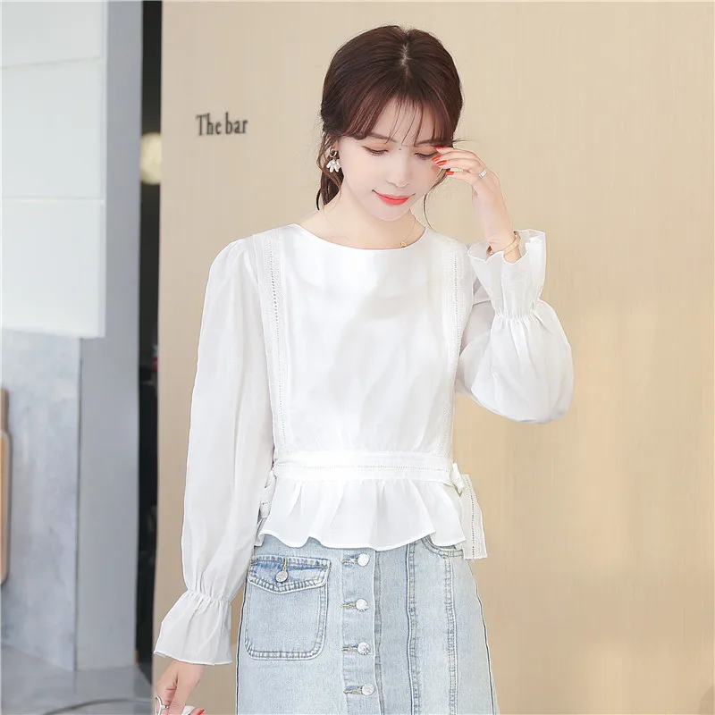 Корейский темперамент высокая талия женская рубашка милая открытая отделка бант