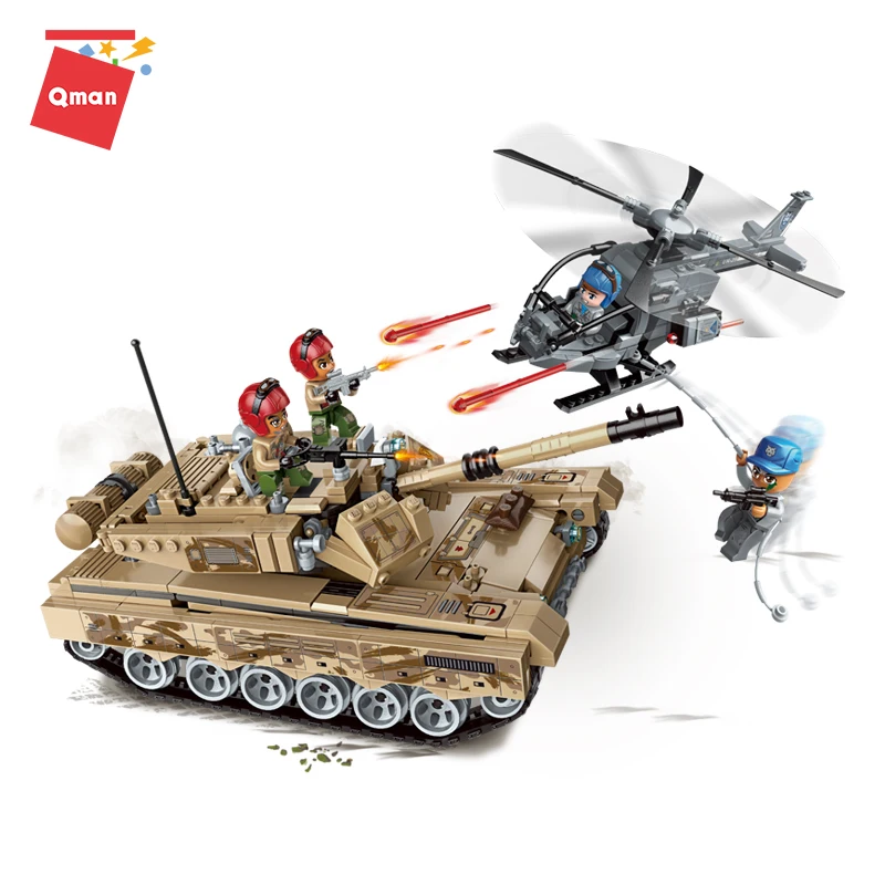 

Qman Military Tank And Helicoper Toys Model Air Raid Heavy Armored Cars Series 4 Funny Characters Building Block With 712 Pieces