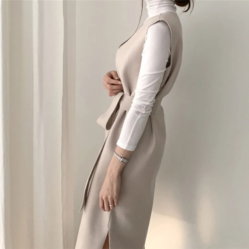 

Bellaza OL Dress Women Korean Style Sleeveless Lace Up Straight Dress Elegant Split Female Date Night Dresses Cotton Minimalist