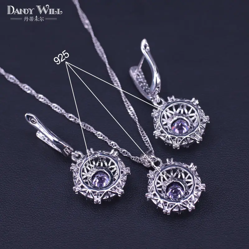Серебряный цвет костюм комплект ювелирных изделий фиолетовый кубический циркон