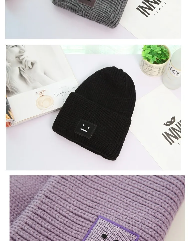 Осень зима бренд Skullies Beanies 1 шт. корейский квадратный улыбающееся лицо вязаные шапки для влюбленных шапки для женщин и мужчин 4 цвета