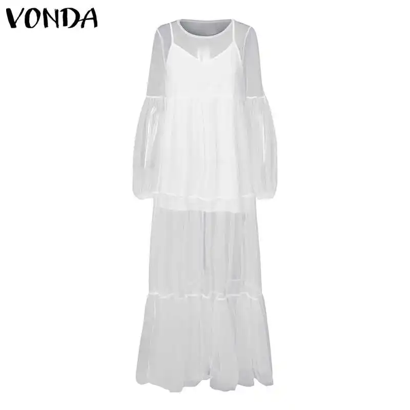 VONDA, макси платье, женское,, осеннее платье, сексуальное, v-образный вырез, фонарь, длинный рукав, высокая талия, Платья для вечеринок, длинное, Vestidos размера плюс, Халат - Цвет: White