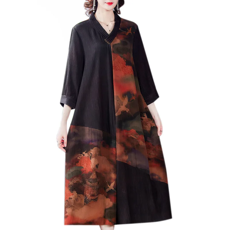 

2020 autumn new fashion loose V-neck printed nine-point sleeve dress female large size L-4XL high quality elegant Casual robe
