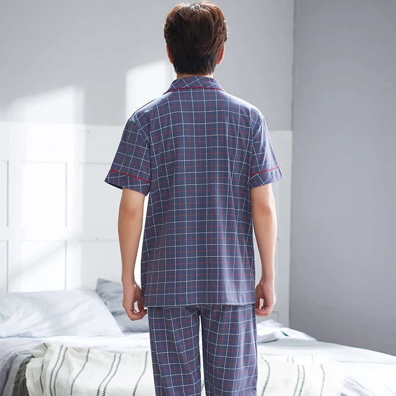 

New Summer Knitted Cotton Men Pajamas Short Sleeve Turn-down Collar Cardigan Loose Plus Size 3XL Male Lounge Sleepwear Suit