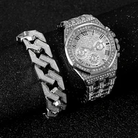 2pcsset gold watch bracelet for men cuban chain men bracelet bling iced out watch for men luxury men watch set groomsmen gifts