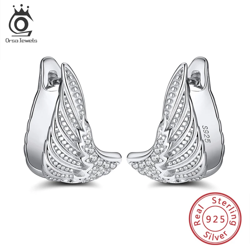 ORSA JEWELS Rhodium Plated Sterling Silver Cubic Zirconia Guardian Angel Wings Medium Fashion Woman Silver Hoop Earrings SE341