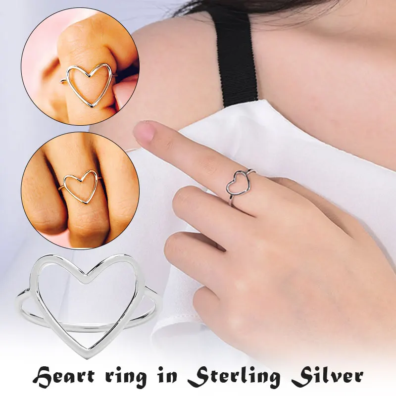 

Statements Heart Ring S925 Sterling Silver Heart Shaped Ring Women Simple Hollow Love Adjustable Open Ring
