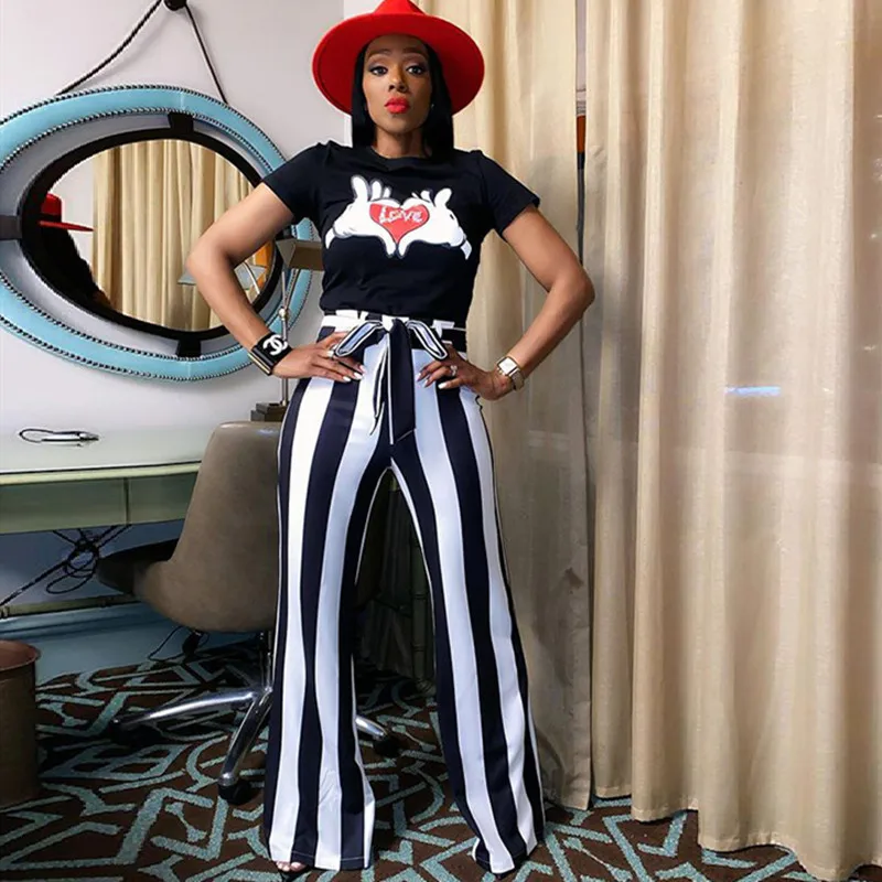 

Summer Stripes Flare Pant Sets for Women 2-Pieces Suit Casual Office Lady Black T Shirts+High Waist Full Length Trouser Outfit