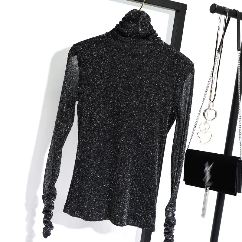 

women's long sleeve turtle neck shiny T-shirts, S-3XL plus size for auto and winter, high quality elitist mesh T-shirts