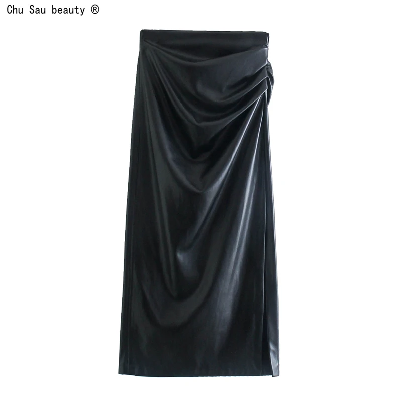 

Юбка женская прямая из искусственной кожи, с высокой талией и складками, осень 2021