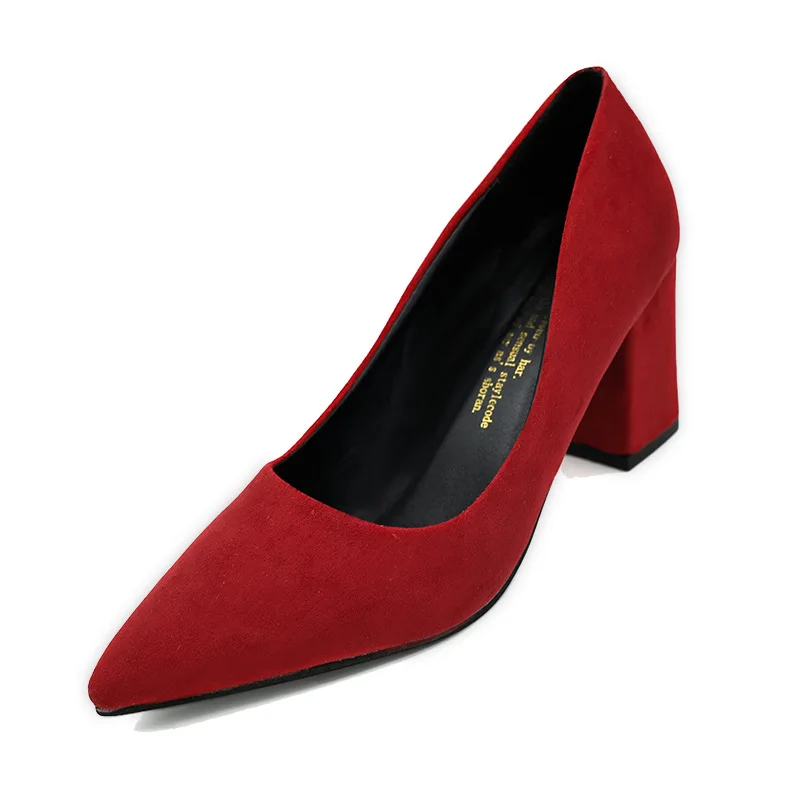 Модные тонкие Замшевые женские туфли на высоком толстом каблуке с острым носком