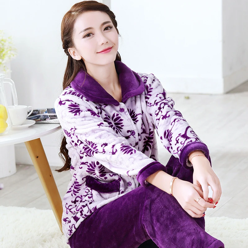 Purple pijamas women Пижама женская зимняя фланелевая теплая однотонная Пижама женская толстая Коралловая флисовая Пижама женская длинная Пижама больших размеров для женщин - Цвет: Purple pijamas women