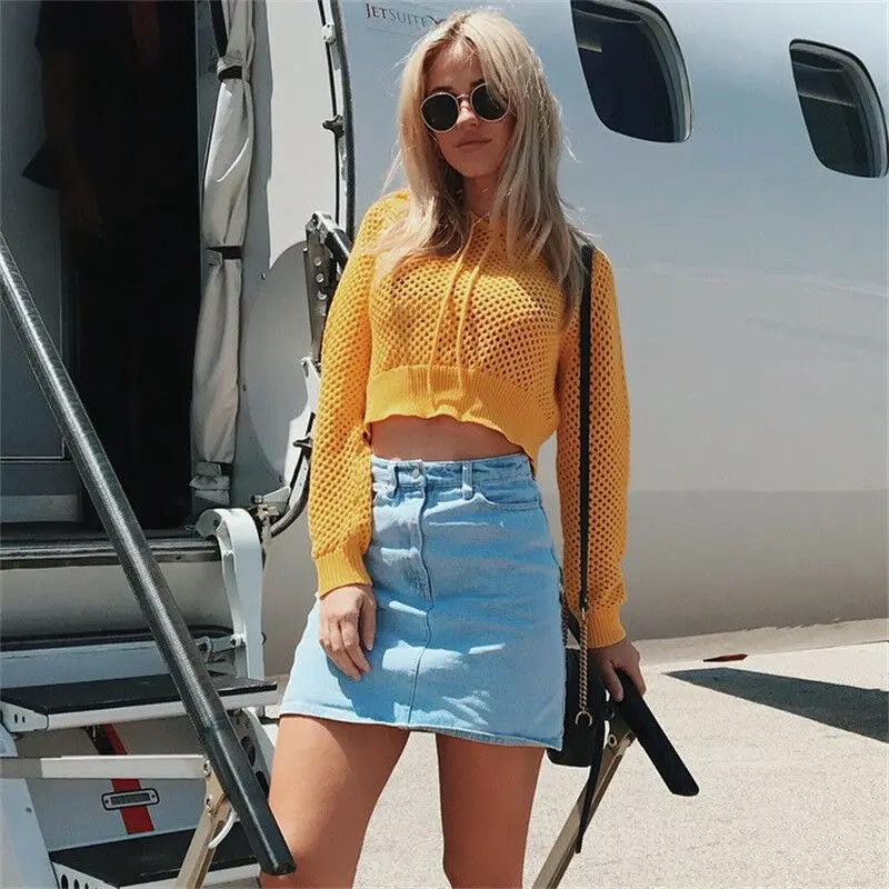 Women's Long Sleeve See-Through Sheer Mesh Crop Tops Buckle Summer Top Cover Ups Sexy Hooded Ladies Hollow Out Pullovers | Женская