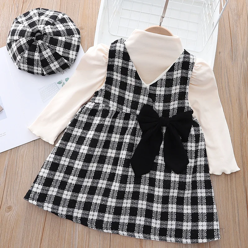

Girls Winter Bowknot Waist Flower Dress Plus Velvet Knitted Tops Plaid Dresses Dome Hat Three-piece Set 2-6 Years Kids Clothing