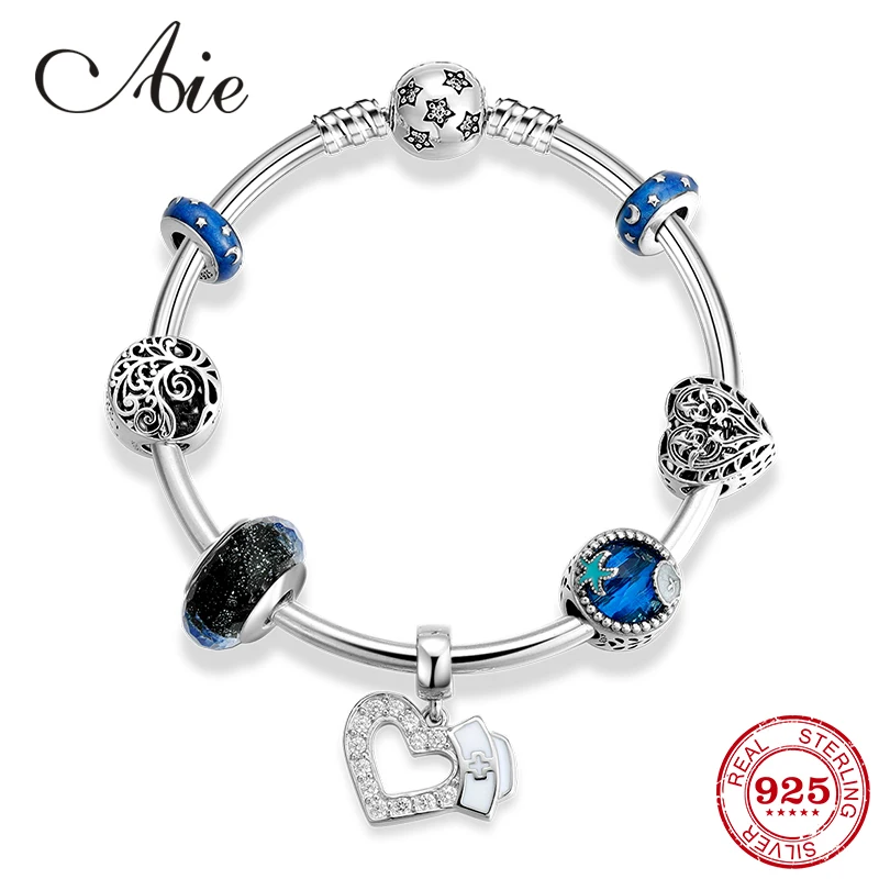 925 стерлингового серебра медсестры с синими стеклянными бусинами кулон Шарм