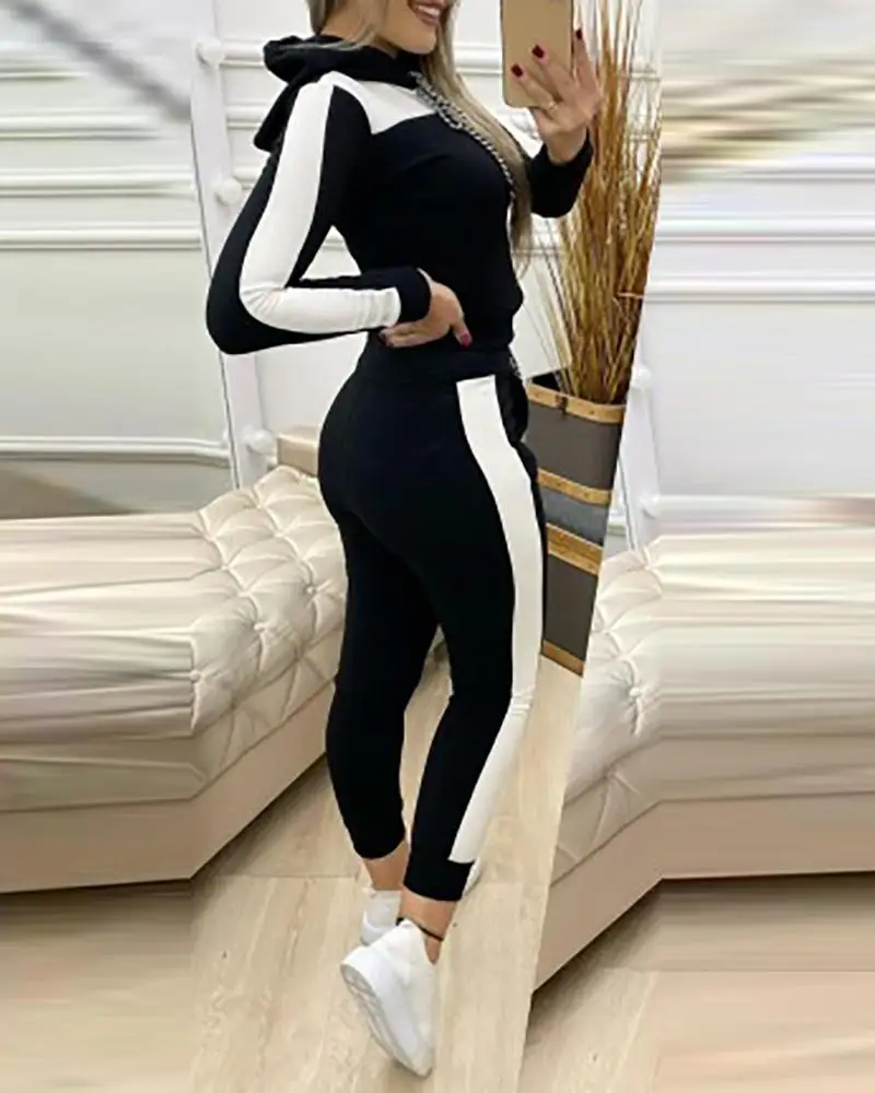 

Colorblock Long Sleeve Hooded Top & Drawstring Pants Set Casual Sporty Women Two Piece Set