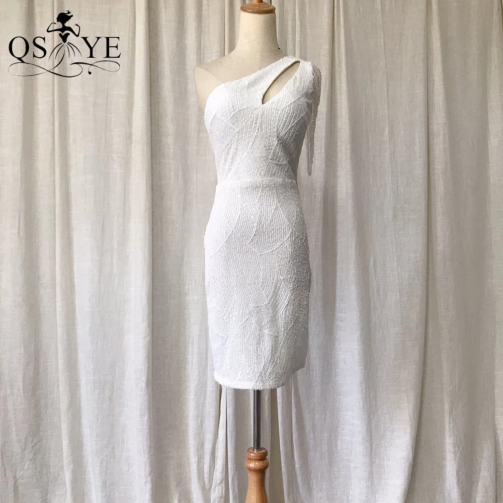 

One Shoulder White Short Prom Dresses Sparkle Sequin Sheath Evening Gown Beading Straps Sequin Pattern Formal Party Gown Short