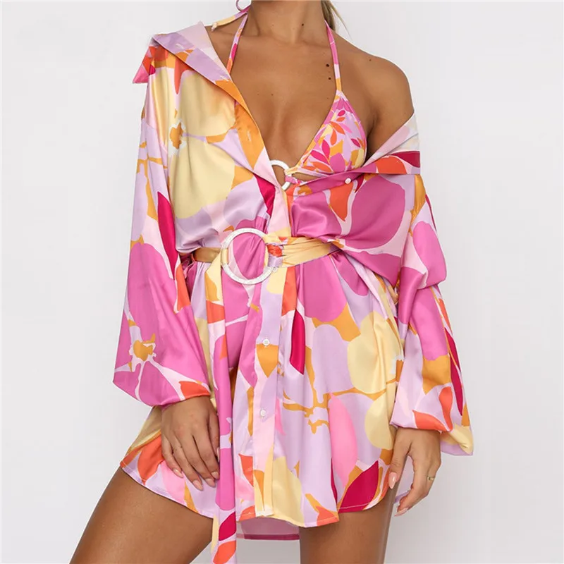 

DEWADBOW Beach Summer Shirt Dress Vintage High Waist Mini Women Dress Graphic Print Loose Long Sleeve Single-Breasted Slim Robe