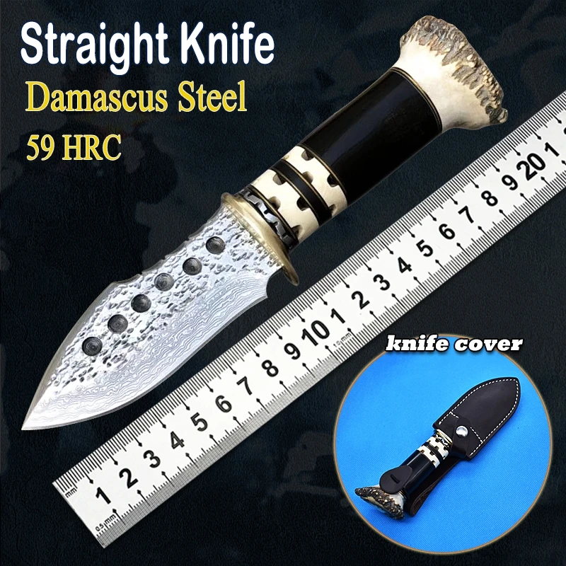 

Охотничий прямой нож, дамасское лезвие из стали, для повседневного использования, для самообороны, нож для фруктов, для рыбалки, скалолазани...
