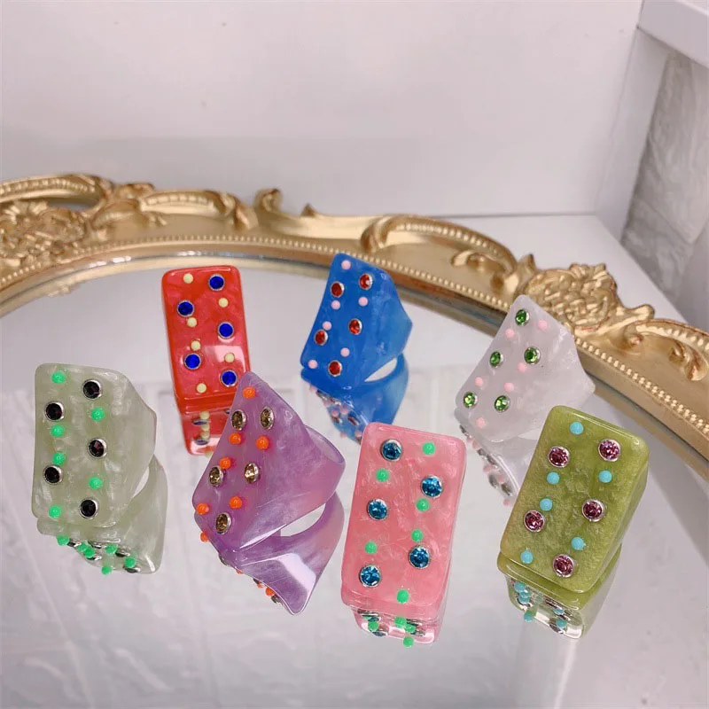 

Korean Colorful Geometric Rectangle Resin Acrylic Big Rings For Women Vintage Rhinestone Crystal Finger Rings For summer Jewelry