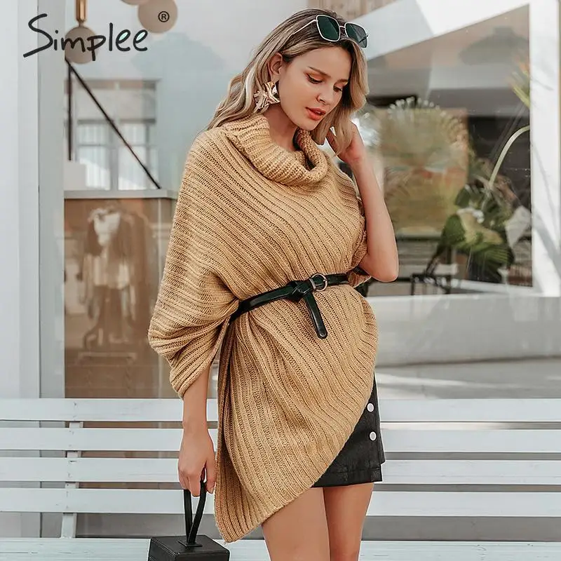Simplee Autumn knitted turtleneck pullovers poncho sweater women Vintage khaki manta Winter gary thick jumper | Женская одежда