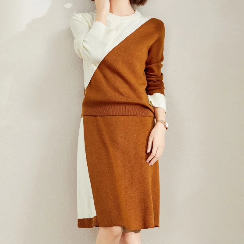 

Женский трикотажный комплект из 2 предметов, маленькая юбка и свитер с длинным рукавом и мини-юбка, осень 2021