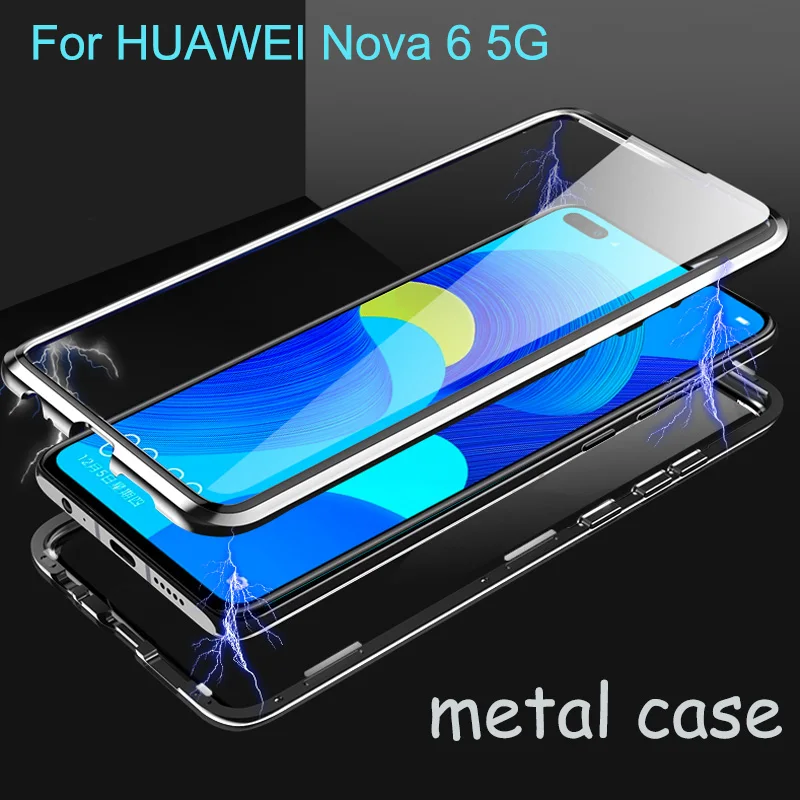 

Magnetic Adsorption Case For Huawei Nova 6 5G Metal Frame Doubl Sided Tempered glass Cover HuaweiNova6 Protective Phone Case