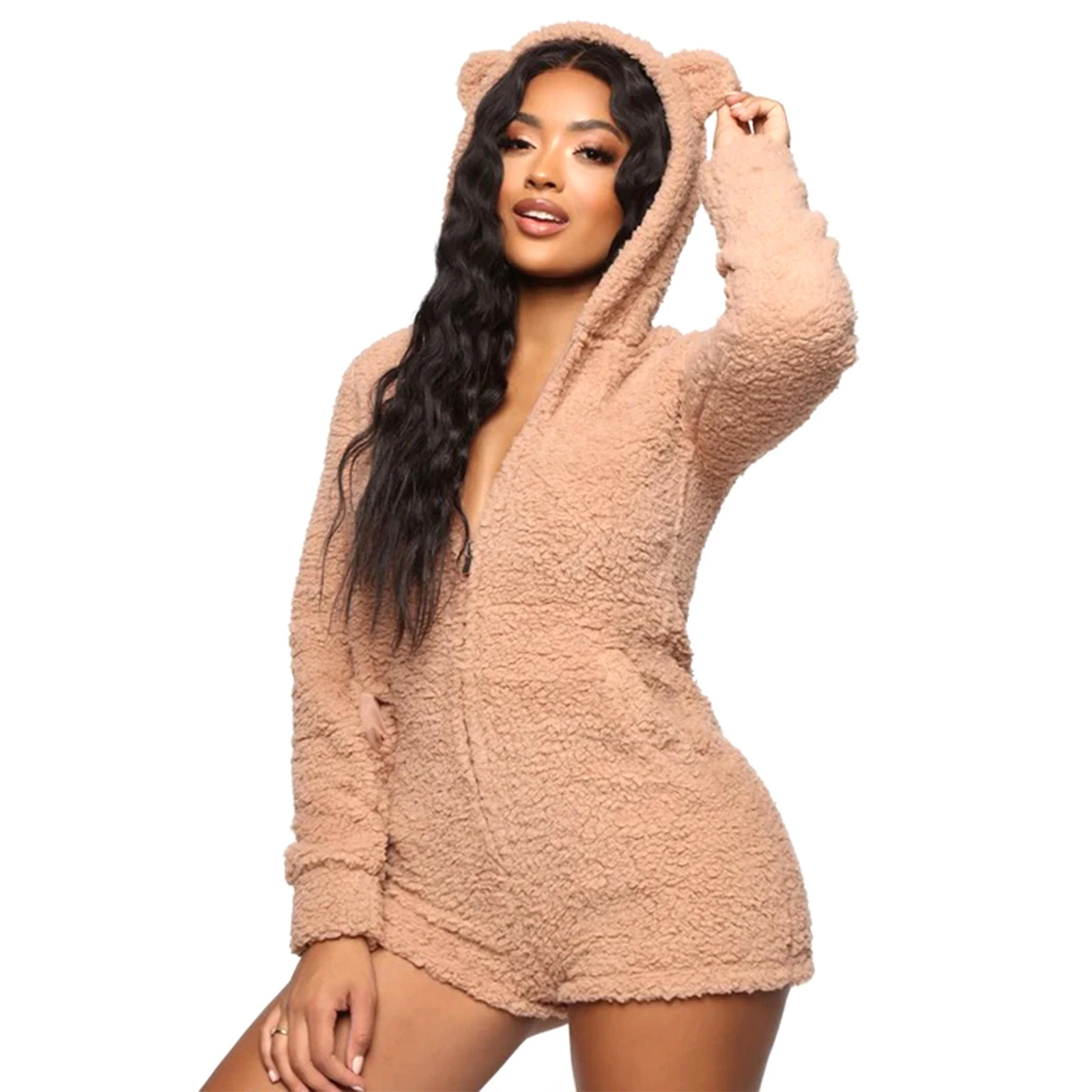 Женские милые сексуальные однотонные плюшевые комбинезоны с капюшоном