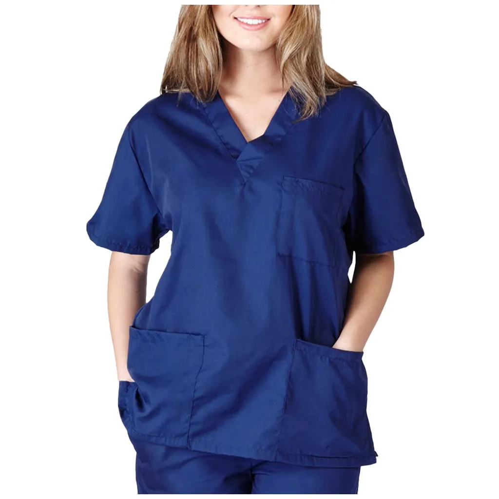 

Plus Size Nursing Uniform Cotton Nursing T-shirts Short Sleeve V-neck Solid Tees Working Top With Pocket Nurse T-shirts #T2G