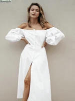 women summer long skirt pure white formal slant neck puff sleeve slit birthday clohes elegant slim famous design dress femal