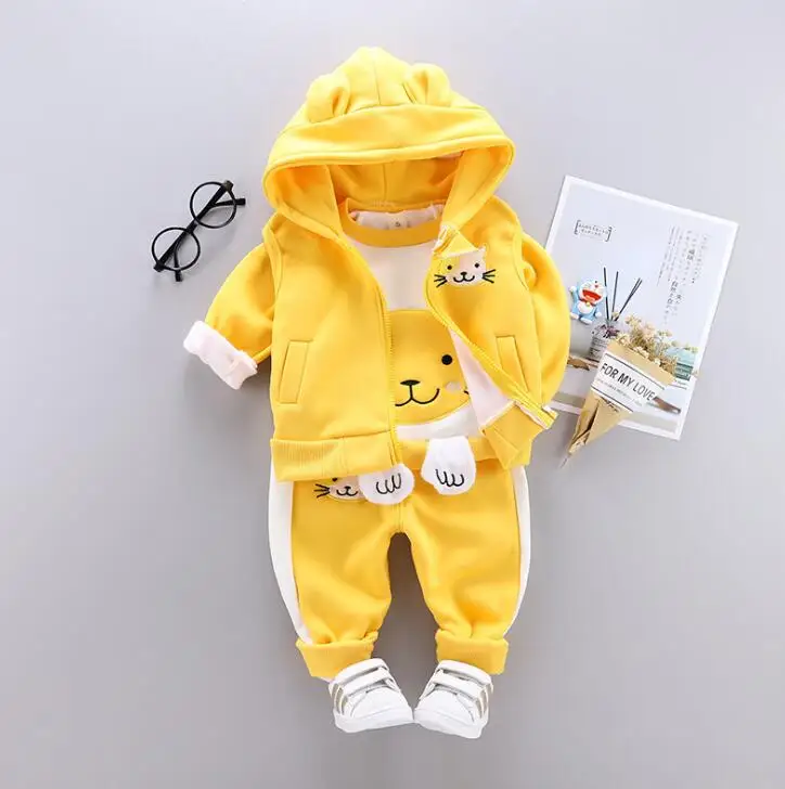 yellow cat Новые комплекты одежды для малышей детский зимний хлопковый флисовый шерстяной костюм с рисунком медведя теплый утепленный комплект из 3 предметов, комплект для маленьких мальчиков и девочек - Цвет: yellow cat
