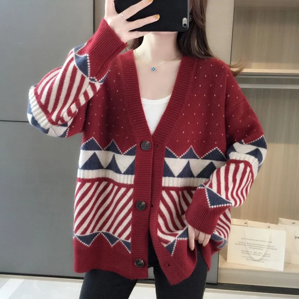 

Women V-neck Geometry Harajuku Knitted Cardigan Sweater Buttons Cardigan Female Casual All-match Tops 2022 Autumn Winter Sweater