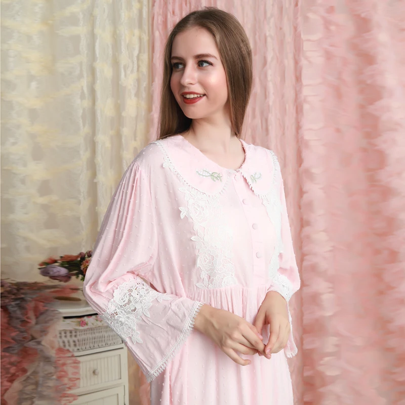 Женская ночная рубашка хлопковая розовая одежда для сна романтичная Осенняя