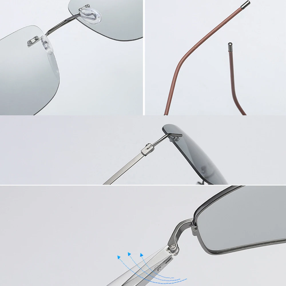 Солнцезащитные очки без оправы для мужчин и женщин стильные фотохромные серые