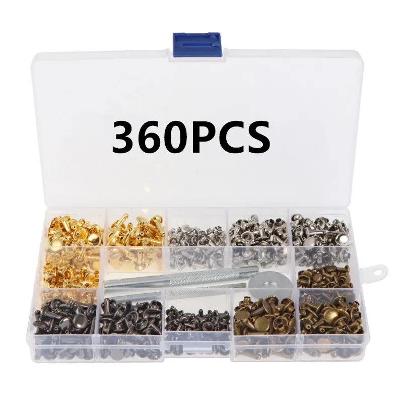 

360PCS Copper Leather Double Cap Rivets Tubular Metal Studs Fixing Tool Kits Craft Garment Rivets Studs For Cloth With Box