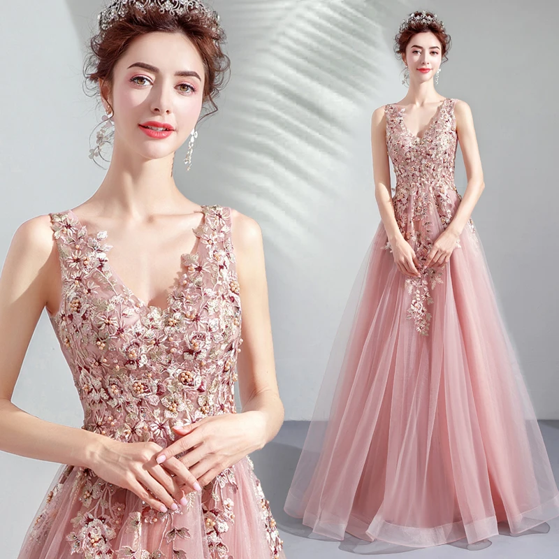 

Beading Pearls Evening Dress 2020 V-Neck Tulle Sweep Train Sleeveless Prom Gown A-line Lace Up Backless Vestido De Festa