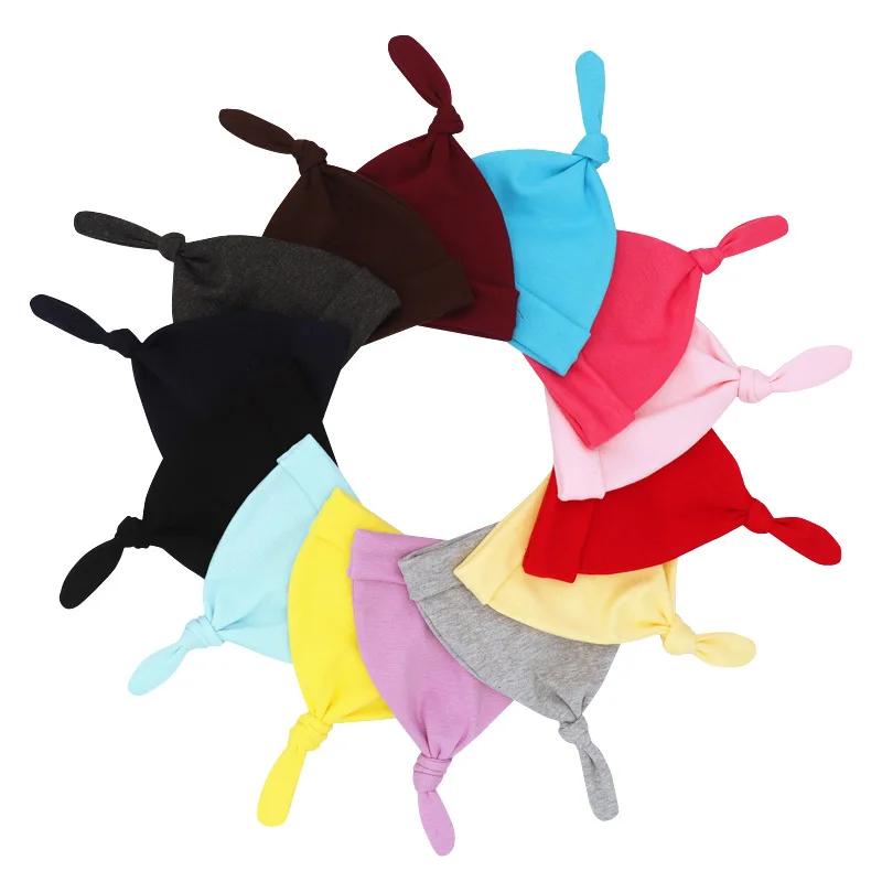 

Осенне-зимняя однотонная хлопковая шапка унисекс с узлом сверху для новорожденных шапки для младенцев реквизит для фото