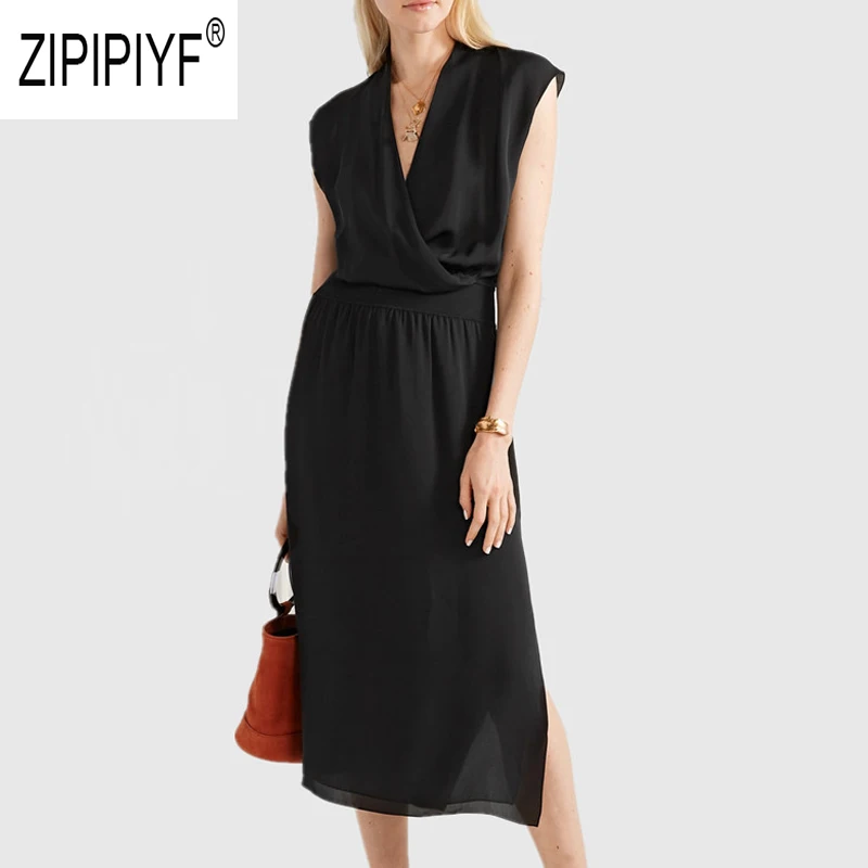 

Элегантные модные женские платья с низким v-образным вырезом, шелковые черные платья с высокой талией и разрезом по бокам, повседневные офис...