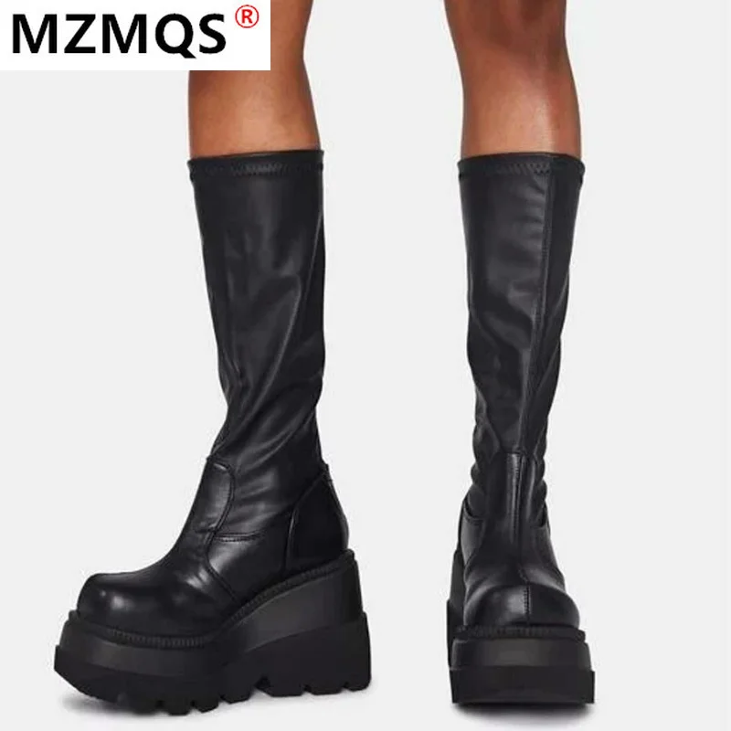 

2020 New Ladies High Platform Boots Fashion Zip High Heels Boots Women Wedges Shoes Woman Casual Boots Heels Plus Size 35-43