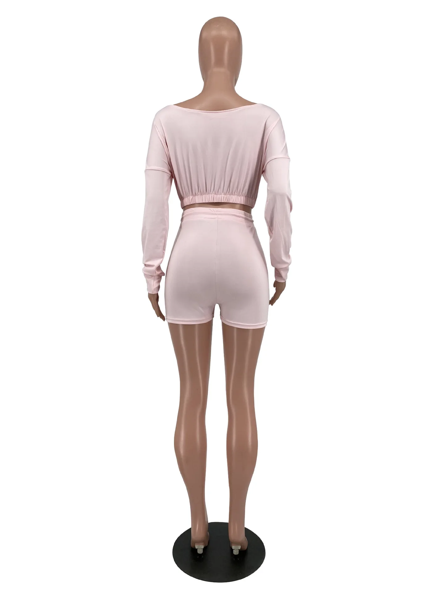 

Sports Style Women's Clothing Fashion Casual Sexy V Neck Long Sleeve Solid Color Strapless Navel Slim T Shirt Shorts Two Piece