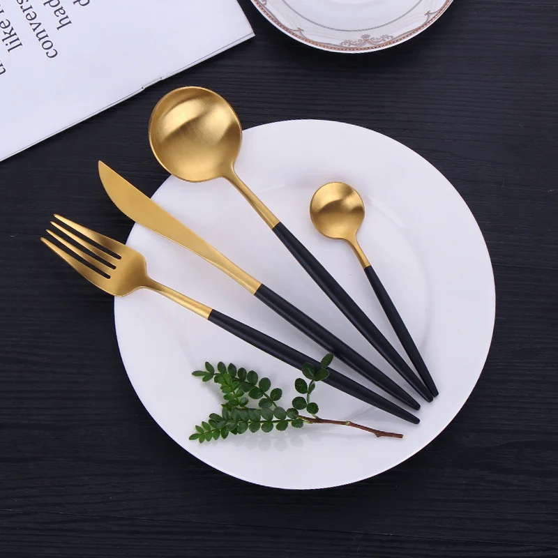 Jual Peralatan Makan Mewah Set Peralatan Makan Emas Hitam Sendok Baja Tahan Karat Set Pisau Garpu Peralatan Dapur Set Peralatan Makan Sendok Garpu Perjalanan