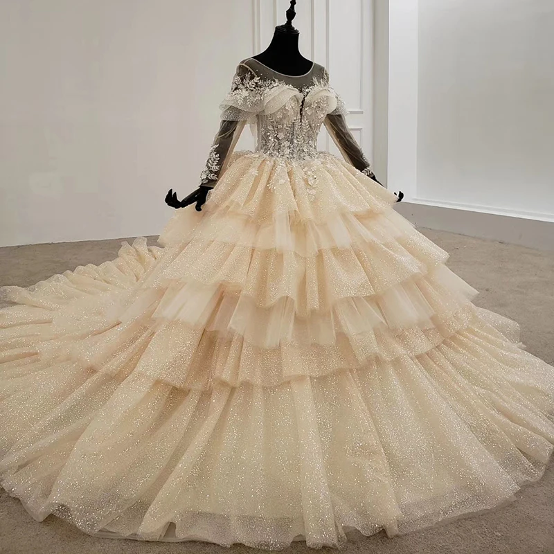 HTL1286 Luxury Wedding Dress O Neck Long Sleeves Tiered Flower Ball Gown Lace Up Illusion Glitter ชุดเจ้าสาว | Свадьбы и